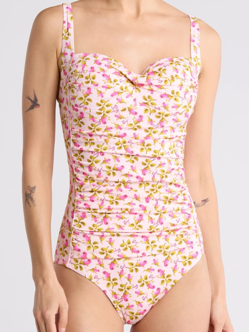 Betsey Johnson Pink Rose Buds‎ Floral Shirred One-Piece Swimsuit. Size Large.